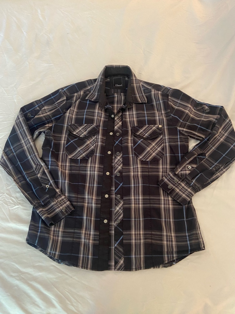 7 Diamonds Men’s Plaid Button‑Up Shirt | Blue Gray Black | Long Sleeve